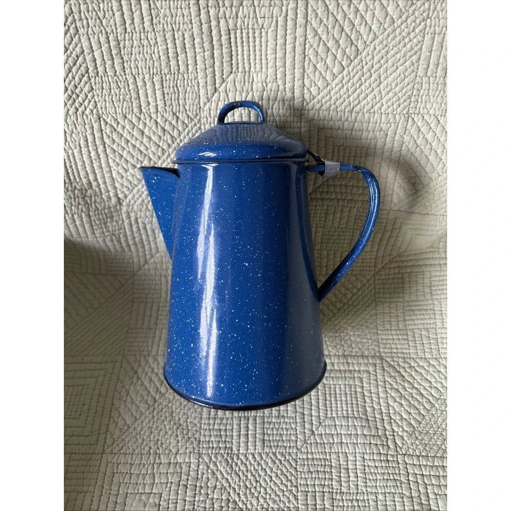 Vintage Enamel Ware Blue White Speckled Camping/Cowboy Coffee Pot Kettle 8